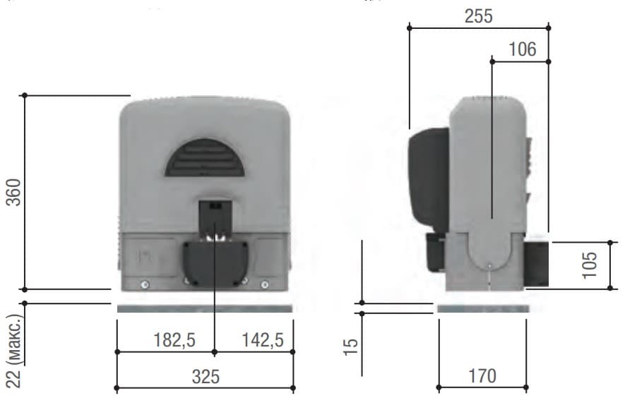 Габаритные размеры (мм) привода - BK-221